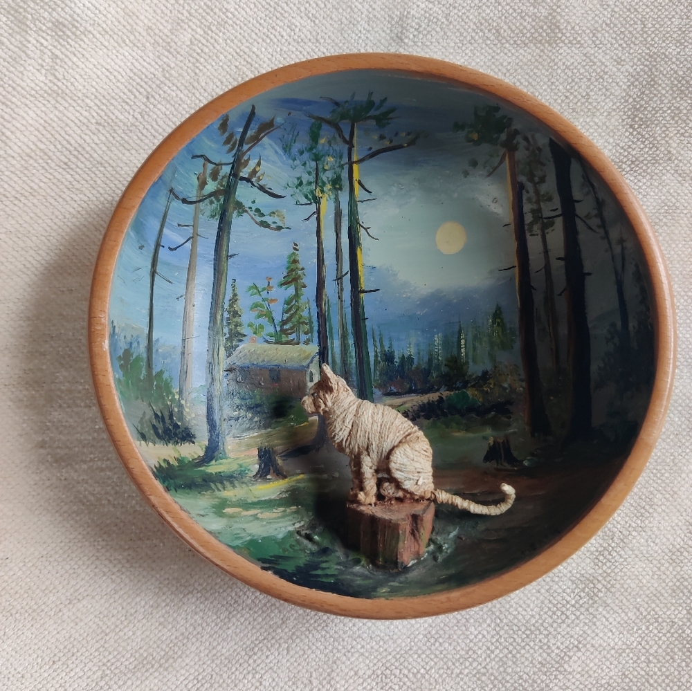Vintage Hand Painted Cabin Woods Scene w/3D Cat Wood Bowl Wall Folk Art Signed
